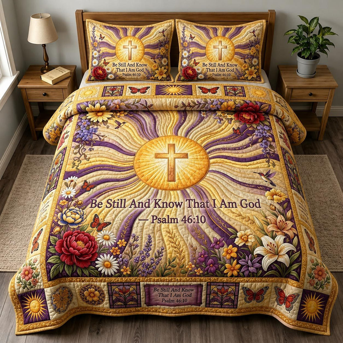 Radiant Grace quilted 3-piece bedding set on a made bed with two matching pillow shams