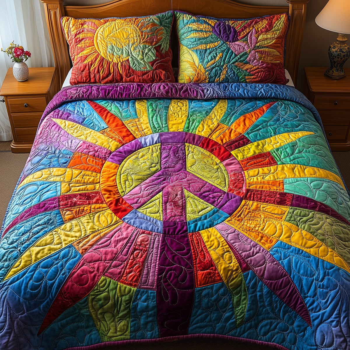 Radiant Harmony quilted 3-piece bedding set on a made bed with two matching pillow shams