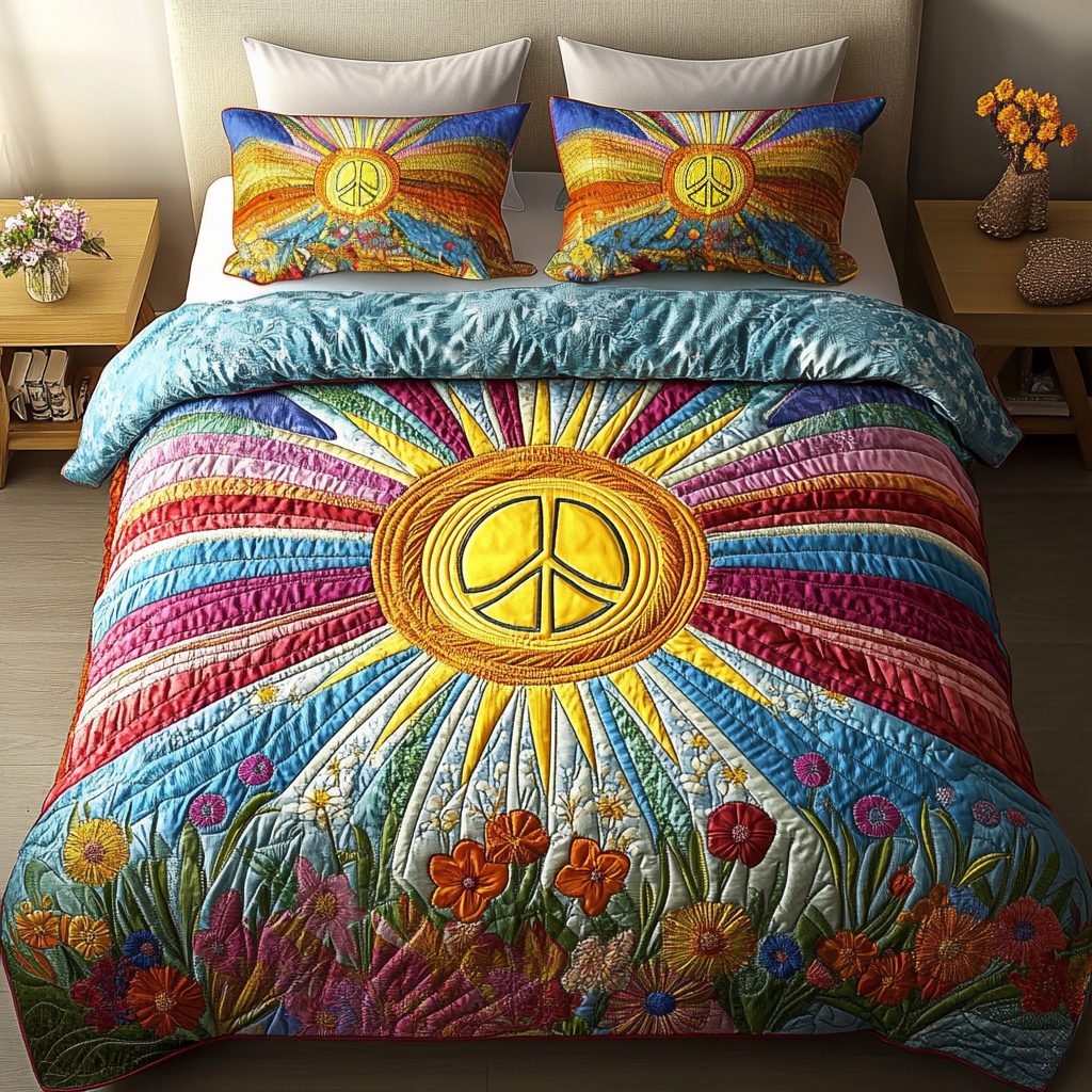 Radiant Harmony quilted 3-piece bedding set on a made bed with two matching pillow shams