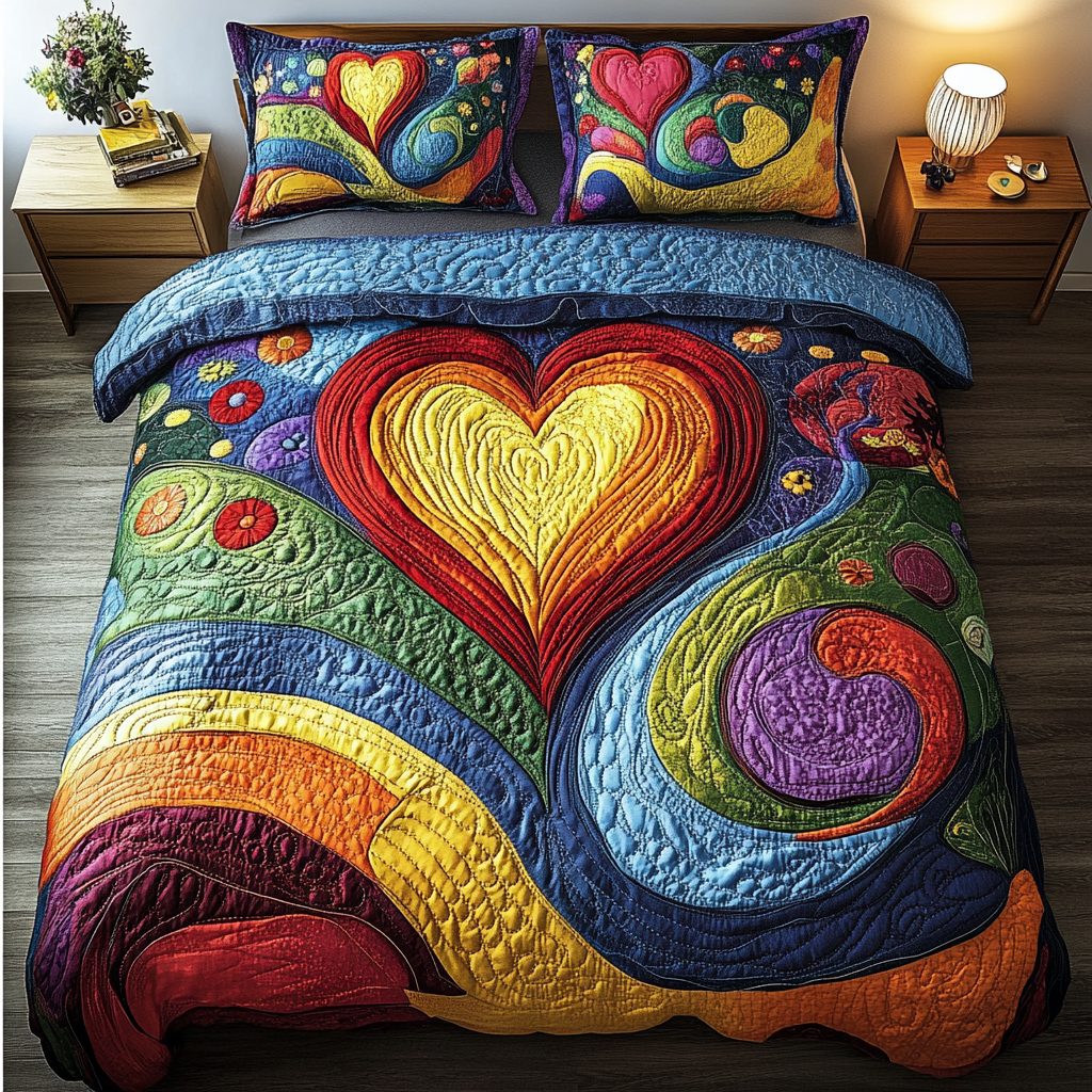 Radiant Heart quilted 3-piece bedding set on a made bed with two matching pillow shams