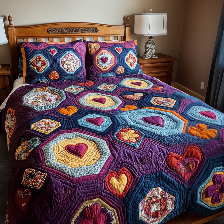 Radiant Hearts quilted 3-piece bedding set on a made bed with two matching pillow shams