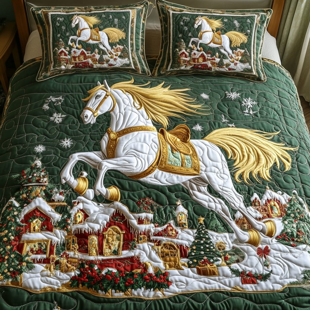 Radiant Hooves quilted 3-piece bedding set on a made bed with two matching pillow shams