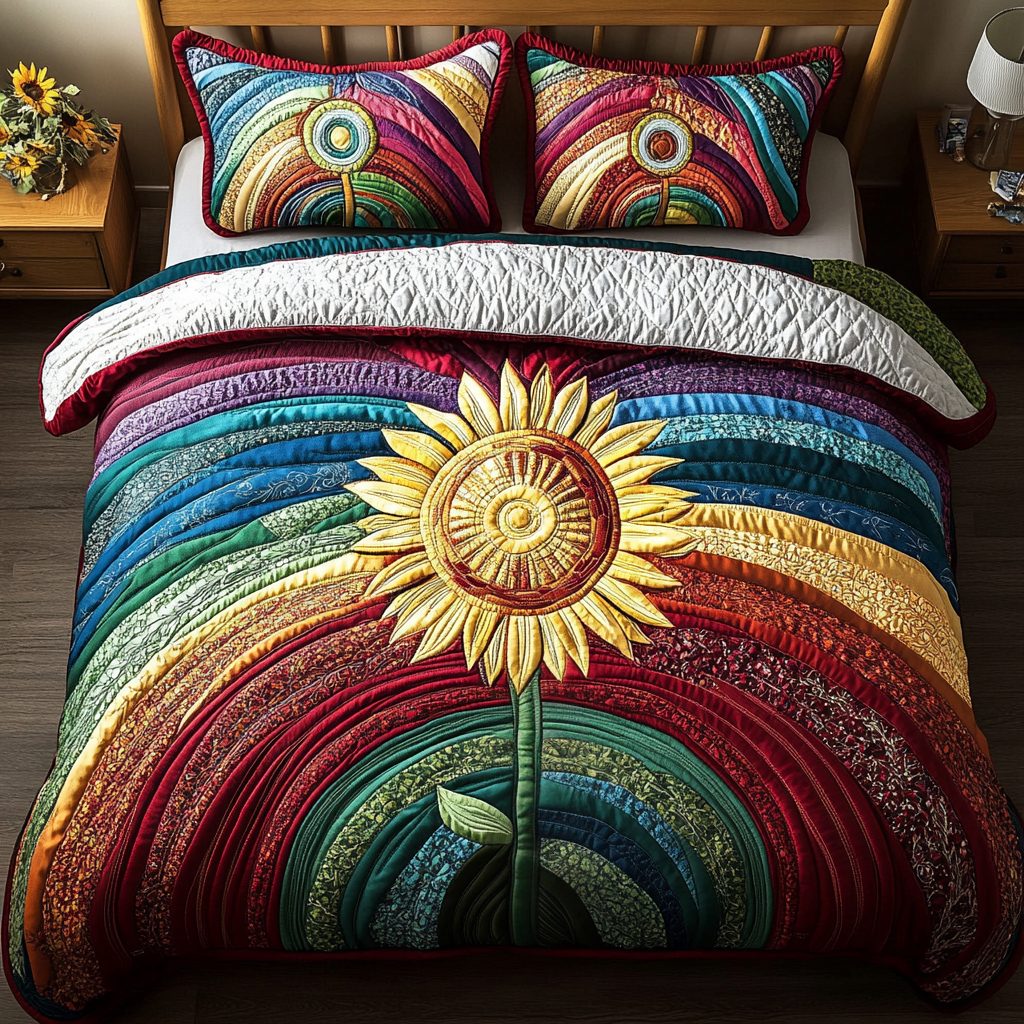 Radiant Meadow quilted 3-piece bedding set on a made bed with two matching pillow shams