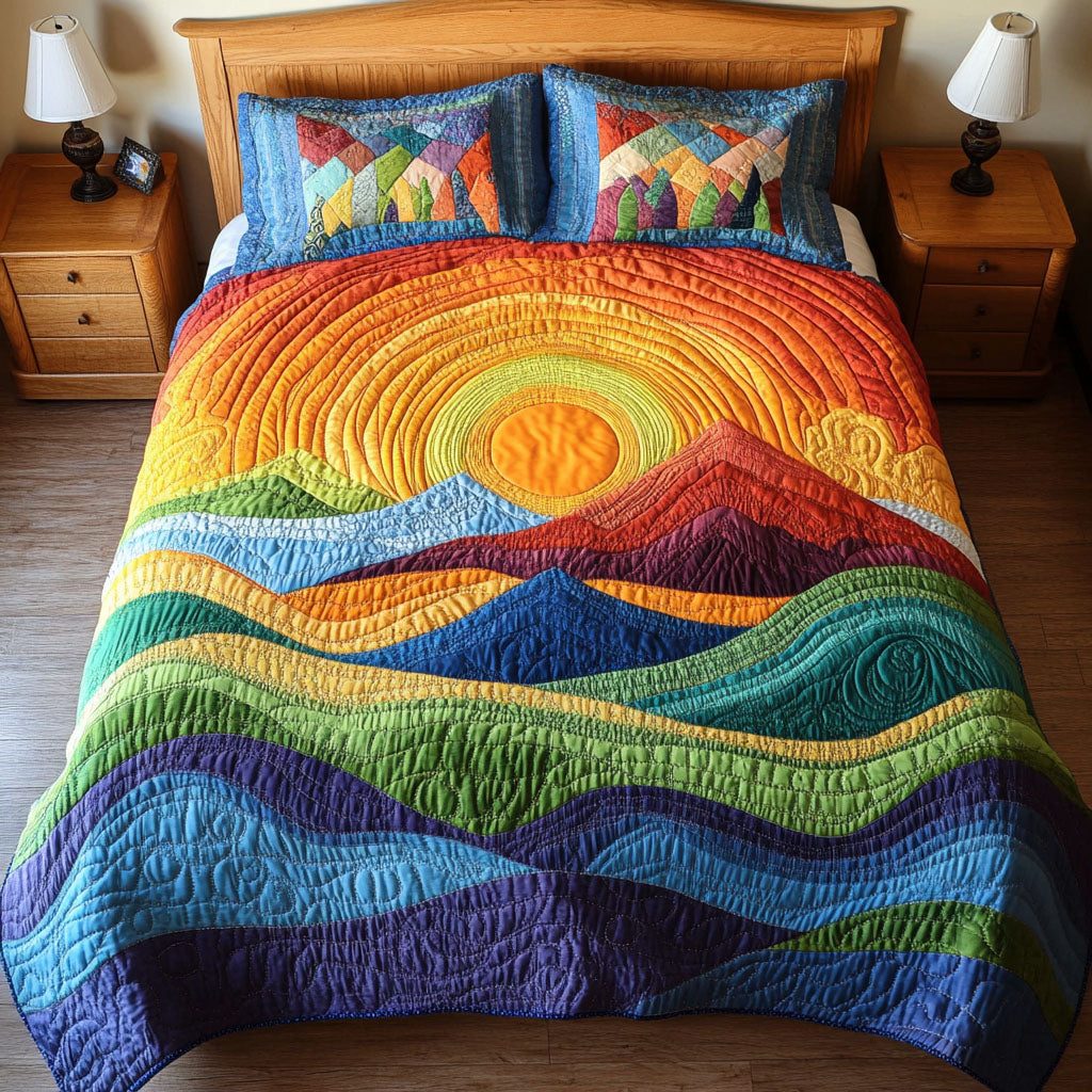 Radiant Mountains quilted 3-piece bedding set on a made bed with two matching pillow shams