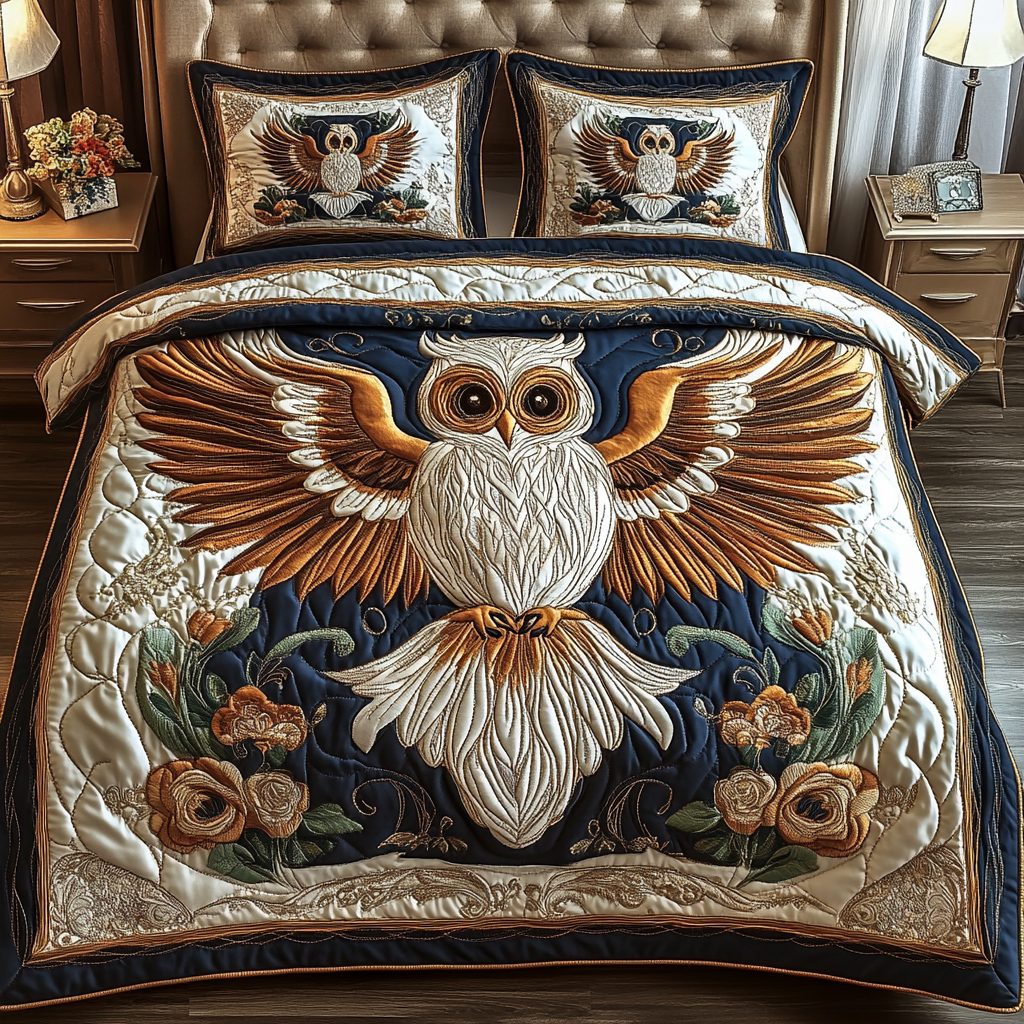 Radiant Owl quilted 3-piece bedding set on a made bed with two matching pillow shams