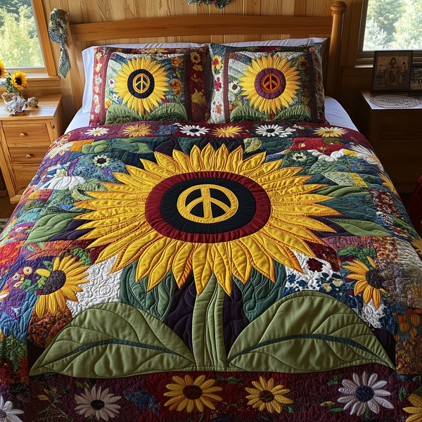 Radiant Peace quilted 3-piece bedding set on a made bed with two matching pillow shams