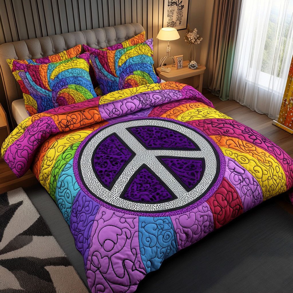 Radiant Peaceburst quilted 3-piece bedding set on a made bed with two matching pillow shams