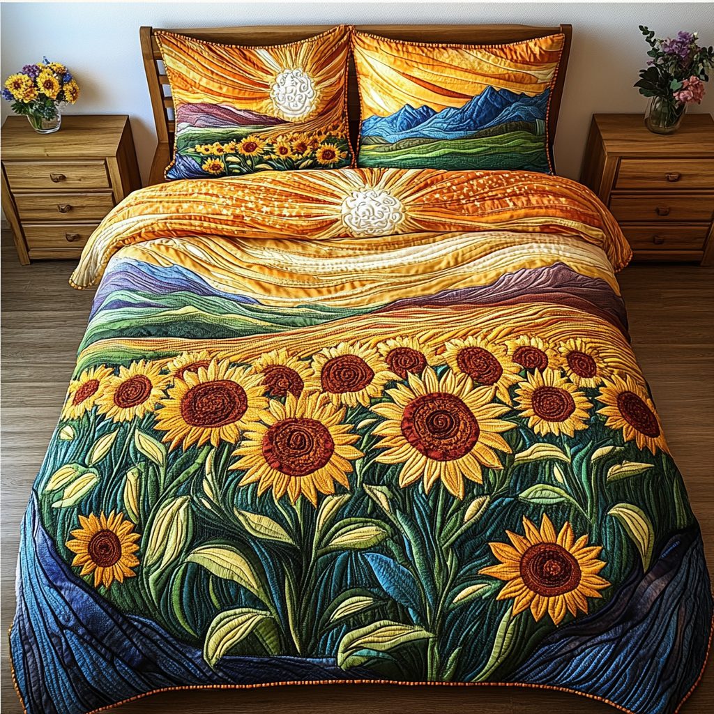 Radiant Petals quilted 3-piece bedding set on a made bed with two matching pillow shams