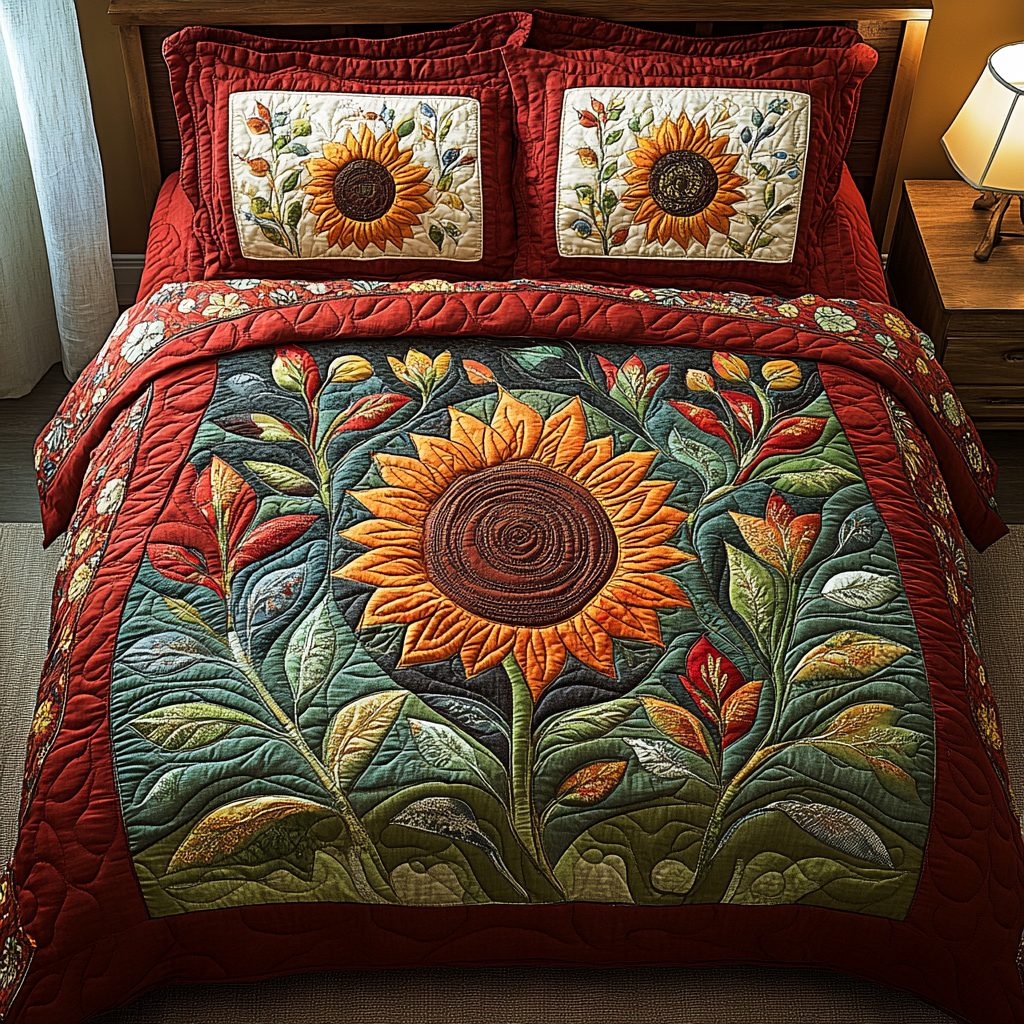 Radiant Petals quilted 3-piece bedding set on a made bed with two matching pillow shams