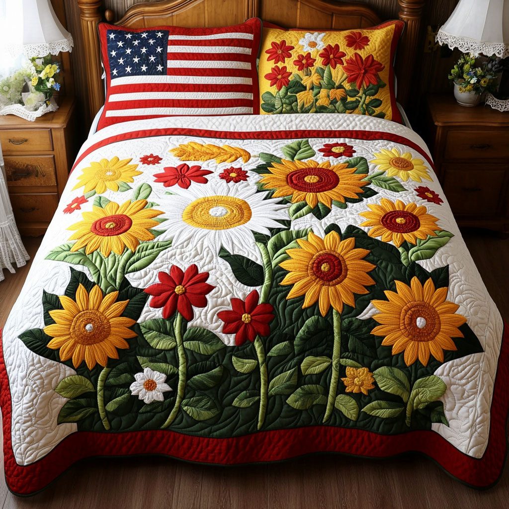 Radiant Petals quilted 3-piece bedding set on a made bed with two matching pillow shams