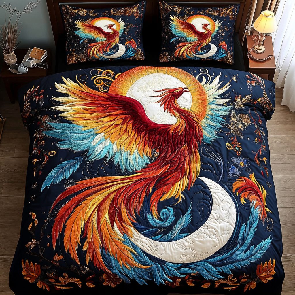 Radiant Phoenix quilted 3-piece bedding set on a made bed with two matching pillow shams