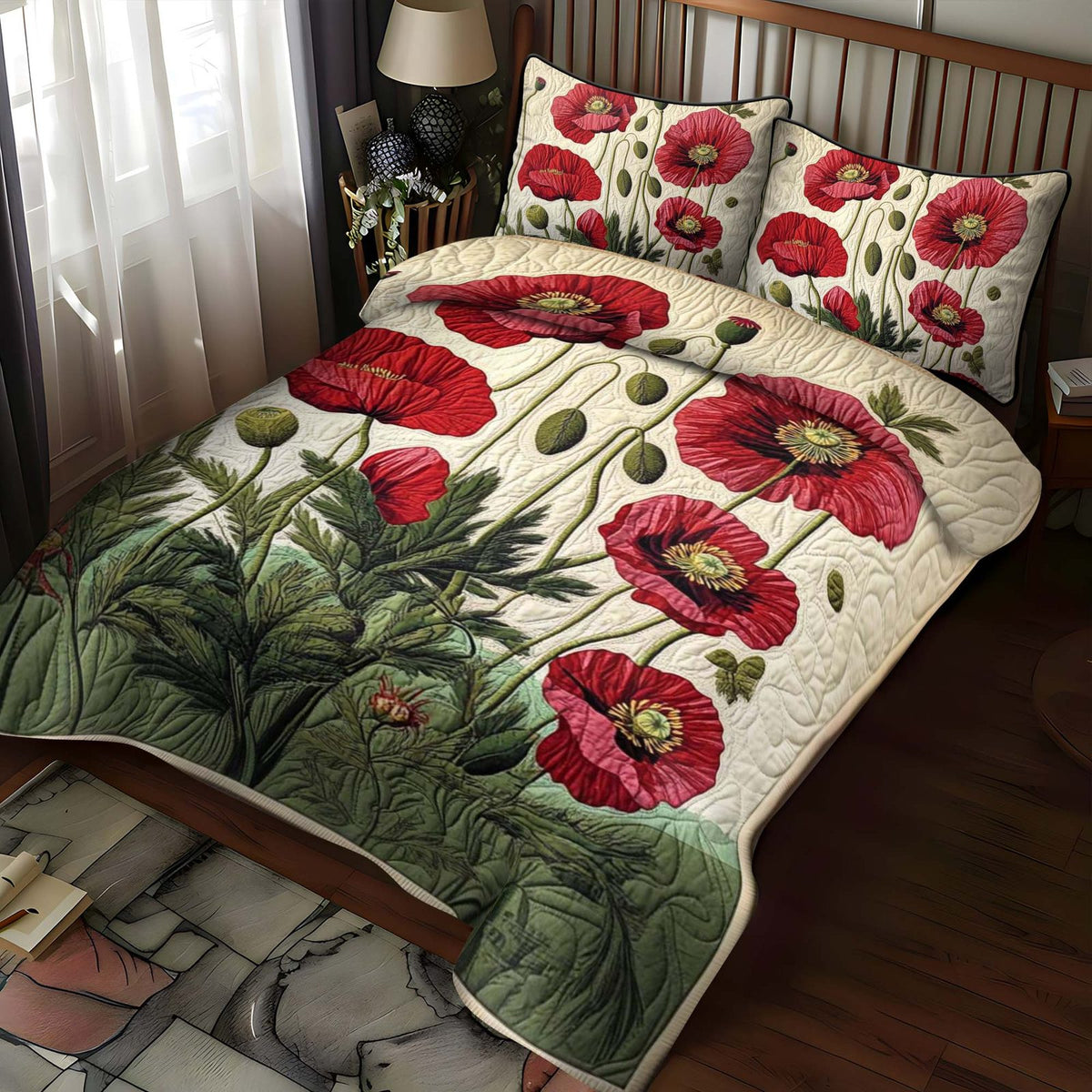 Radiant Red Poppies quilted 3-piece bedding set on a made bed with two matching pillow shams