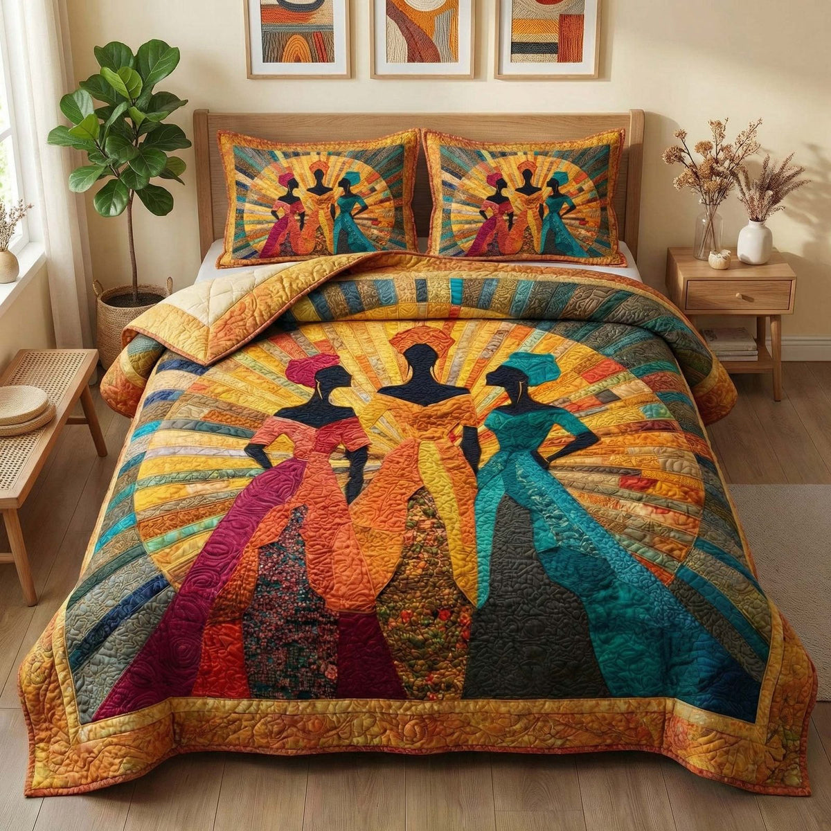 Radiant Sisters quilted 3-piece bedding set on a made bed with two matching pillow shams