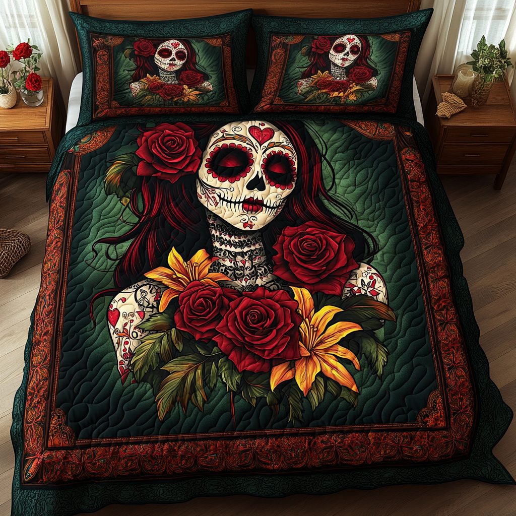 Radiant Skull quilted 3-piece bedding set on a made bed against a dark styled interior