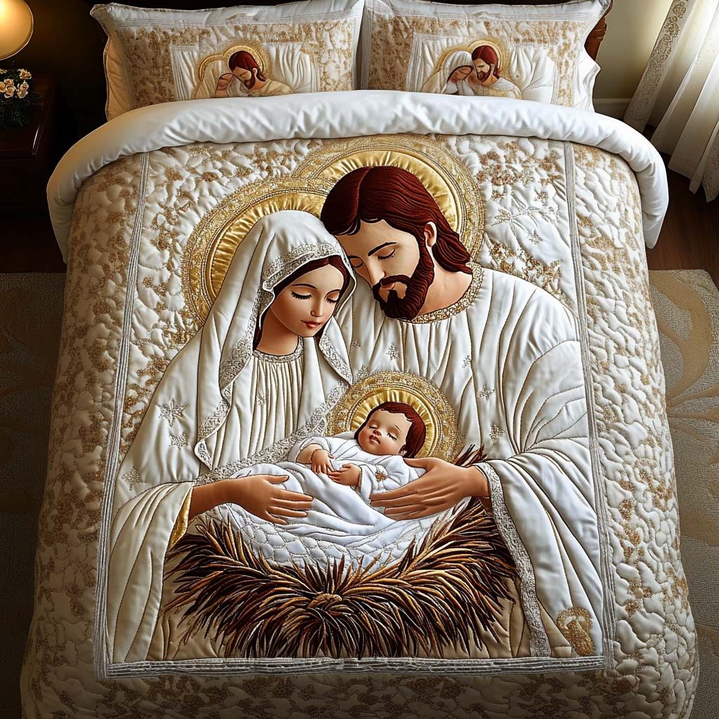 Radiant Starlight Vigil quilted 3-piece bedding set on a made bed with two matching pillow shams