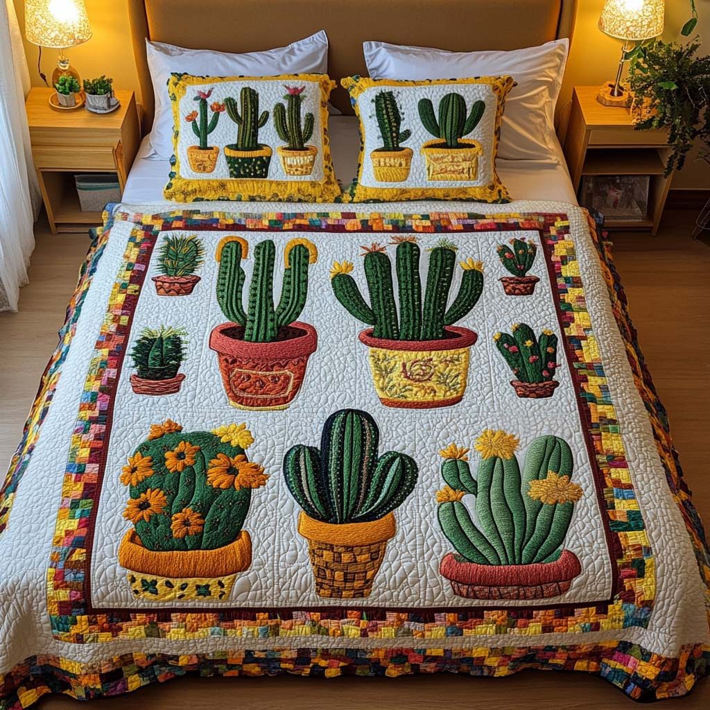 Radiant Succulents quilted 3-piece bedding set on a made bed with two matching pillow shams