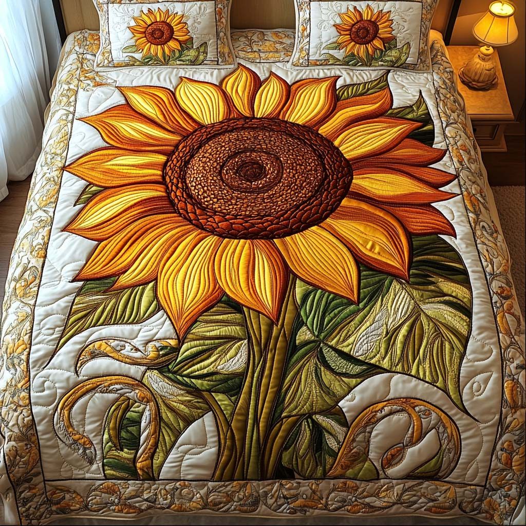 Radiant Sunlight Bliss quilted 3-piece bedding set on a made bed with two matching pillow shams