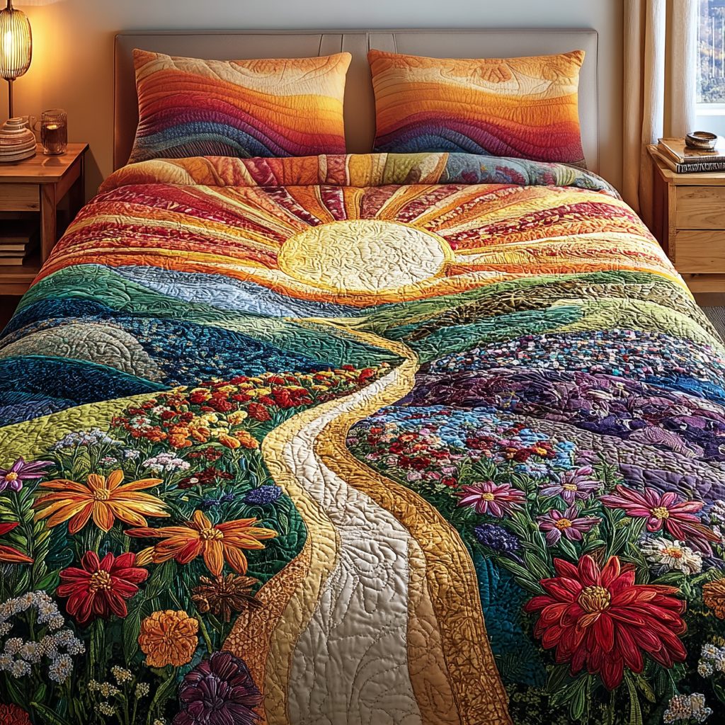 Radiant Sunrise quilted 3-piece bedding set on a made bed with two matching pillow shams