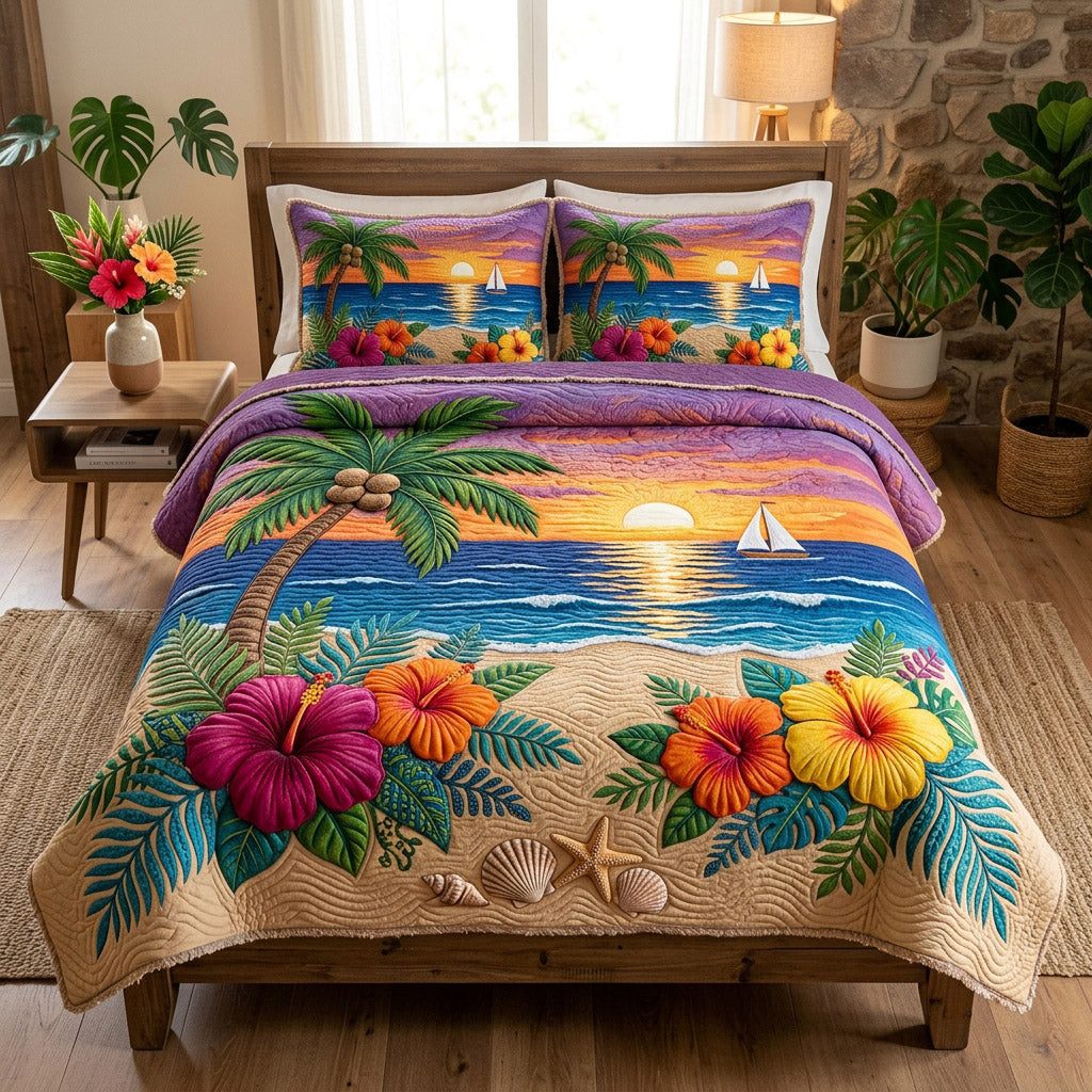 Radiant Sunset Shore quilted 3-piece bedding set on a made bed in a light coastal bedroom