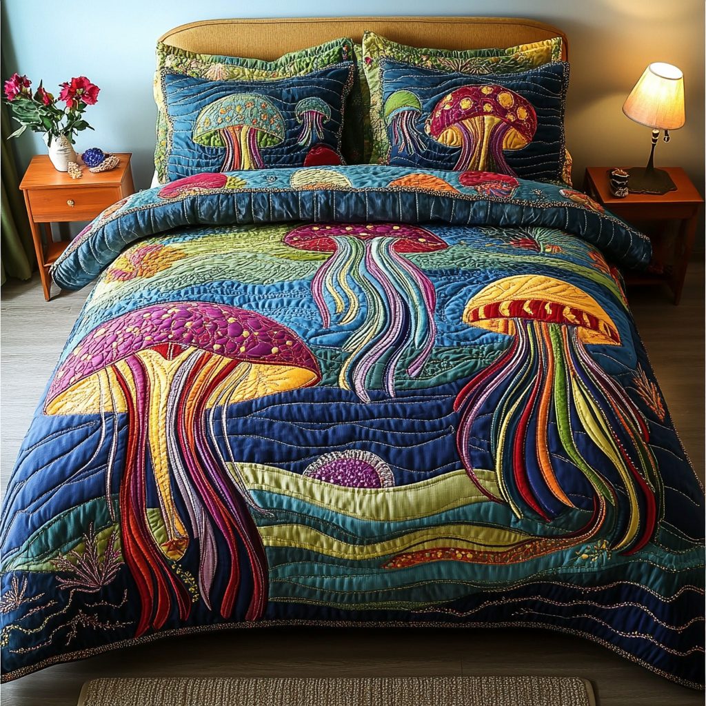 Radiant Tentacles quilted 3-piece bedding set on a made bed with two matching pillow shams