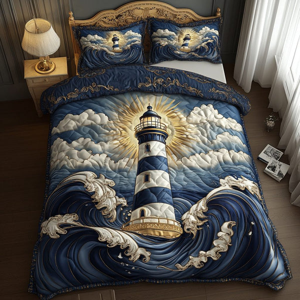 Radiant Tower quilted 3-piece bedding set on a made bed with two matching pillow shams