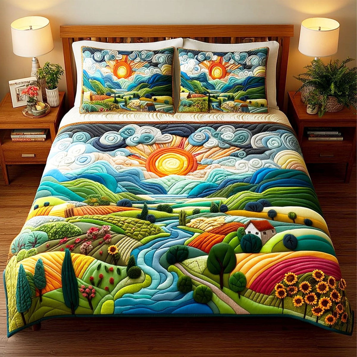 Radiant Valley quilted 3-piece bedding set on a made bed with two matching pillow shams