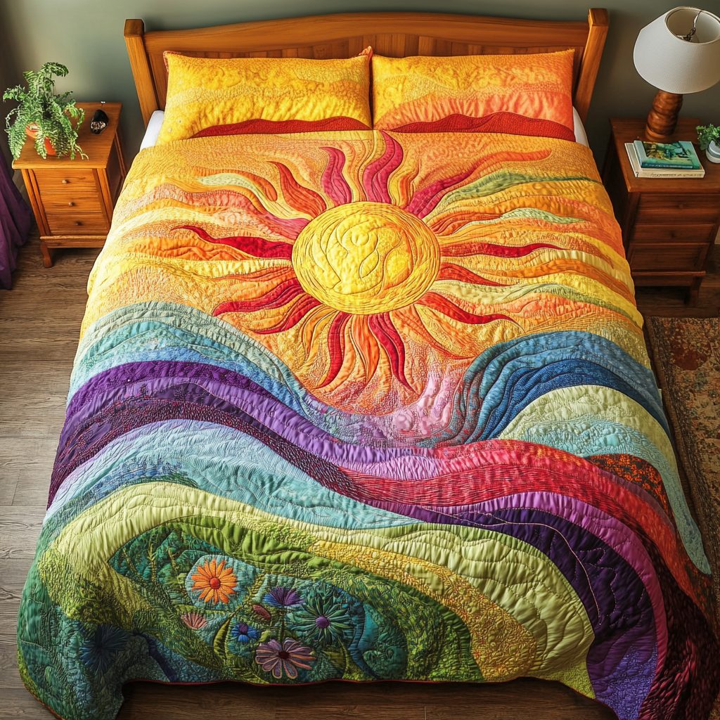 Radiant Waves quilted 3-piece bedding set on a made bed in a light coastal bedroom