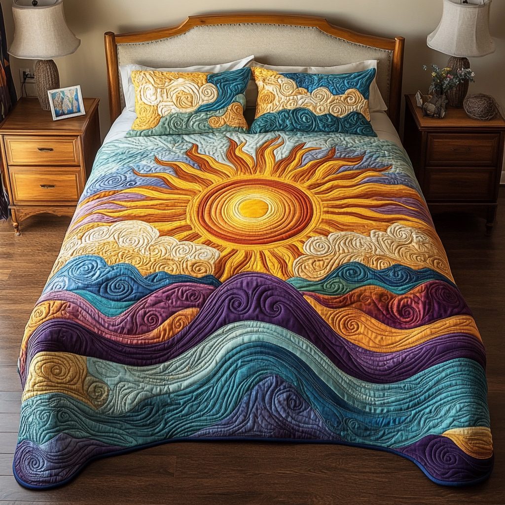 Radiant Waves quilted 3-piece bedding set on a made bed in a light coastal bedroom