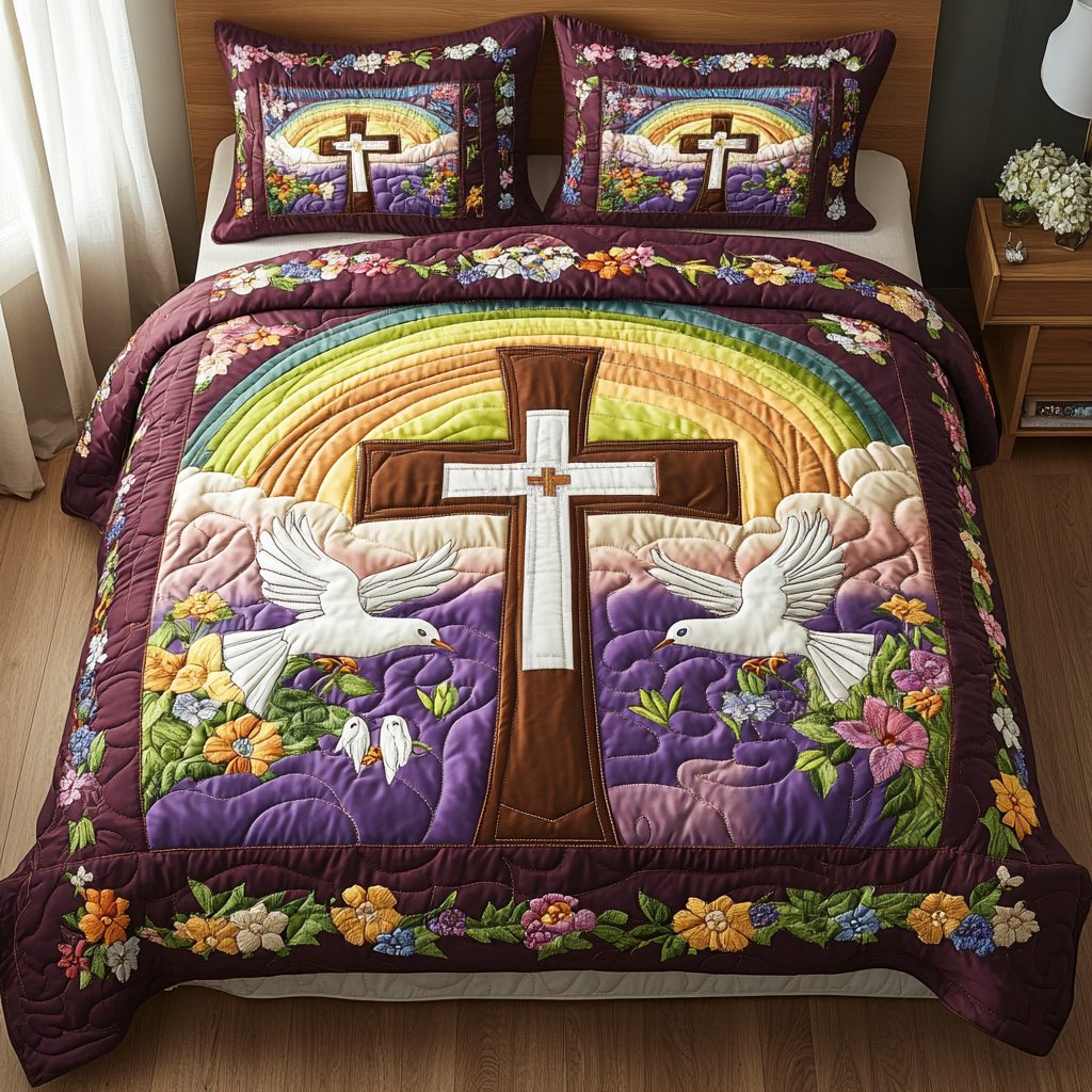Rainbow Cloud Cross quilted 3-piece bedding set on a made bed in a softly lit bedroom