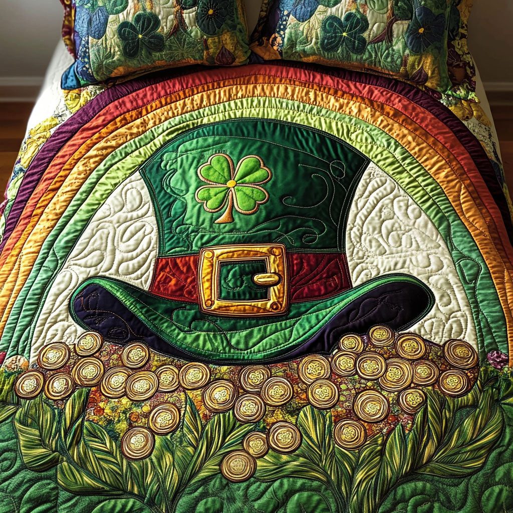 Rainbow Clover Hat quilted 3-piece bedding set on a made bed in a rustic timber bedroom