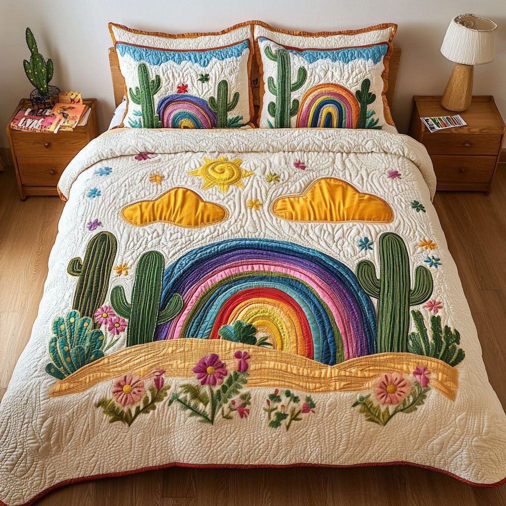 Rainbow Desert quilted 3-piece bedding set on a made bed with two matching pillow shams