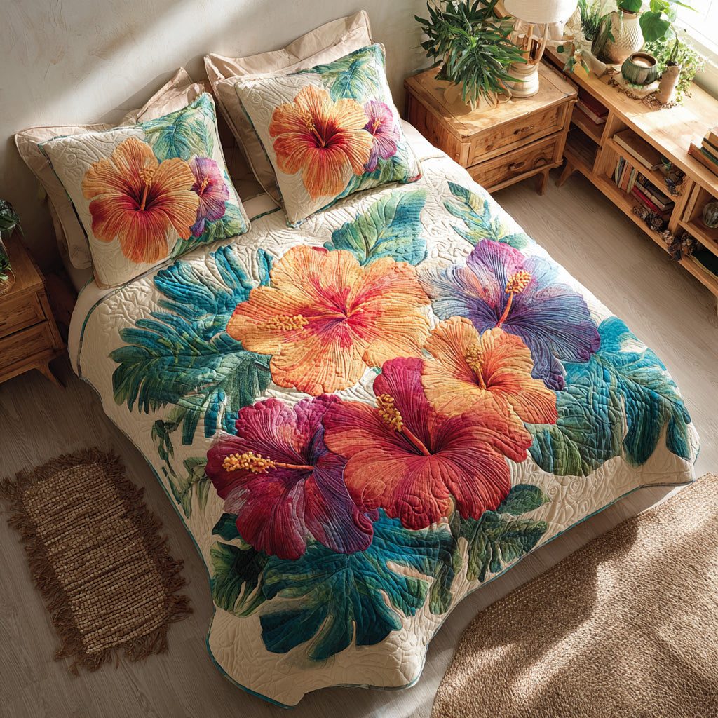 Rainbow Floral quilted 3-piece bedding set on a made bed with two matching pillow shams