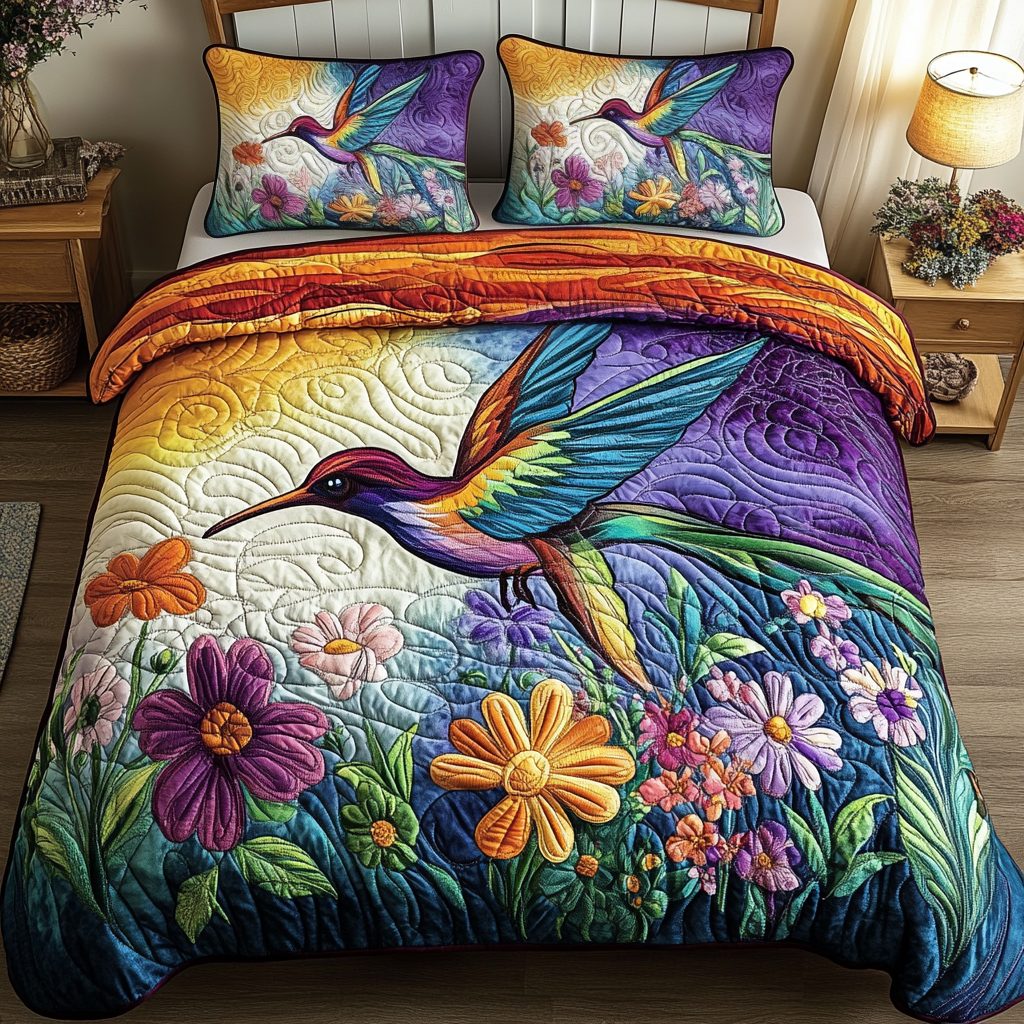 Rainbow Garden Delight quilted 3-piece bedding set on a made bed with two matching pillow shams