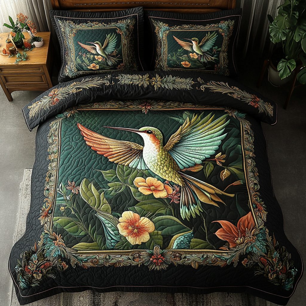 Rainbow Glider quilted 3-piece bedding set on a made bed with two matching pillow shams