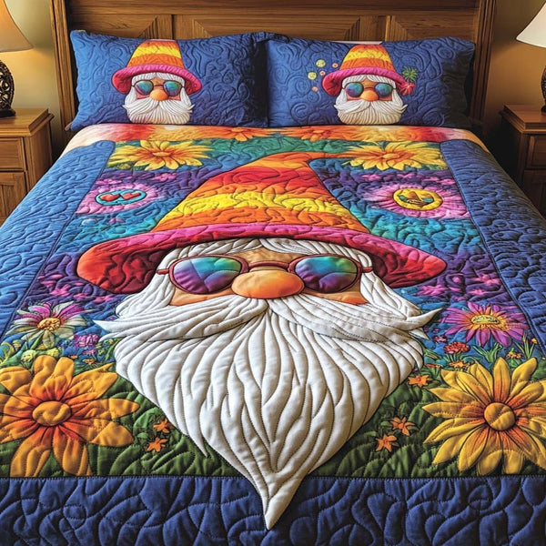 Rainbow Gnome Bliss quilted 3-piece bedding set on a made bed in a winter-styled bedroom