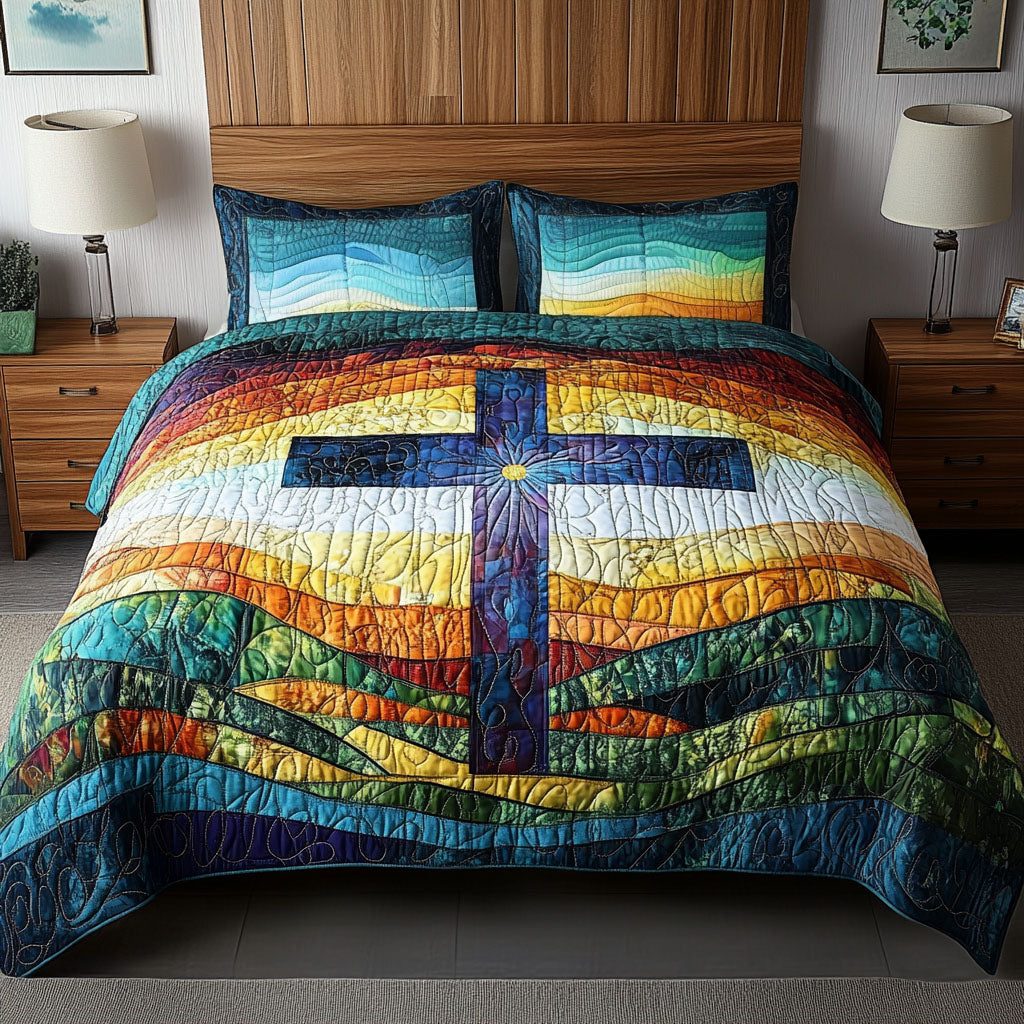 Rainbow Horizon Cross quilted 3-piece bedding set on a made bed in a softly lit bedroom