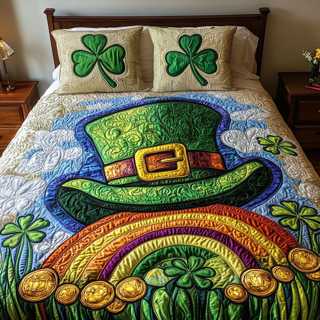 Rainbow Luck quilted 3-piece bedding set on a made bed with two matching pillow shams