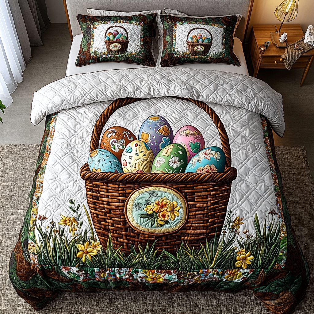Rainbow Nest quilted 3-piece bedding set on a made bed with two matching pillow shams