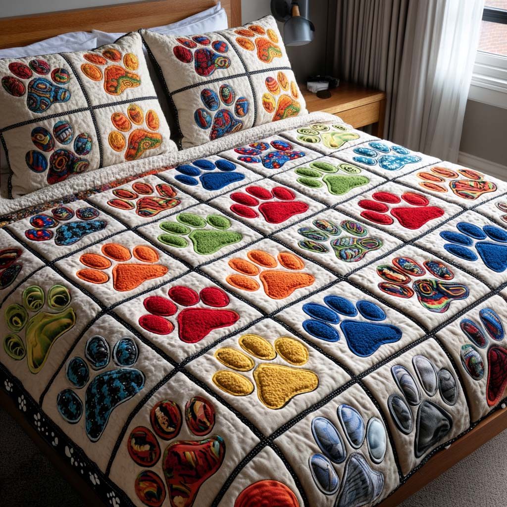 Rainbow Paw Patch quilted 3-piece bedding set on a made bed with two matching pillow shams