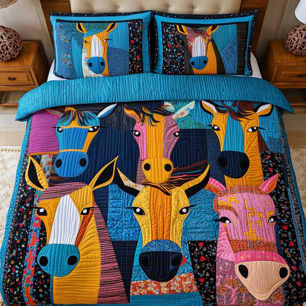 Rainbow Ponies quilted 3-piece bedding set on a made bed with two matching pillow shams