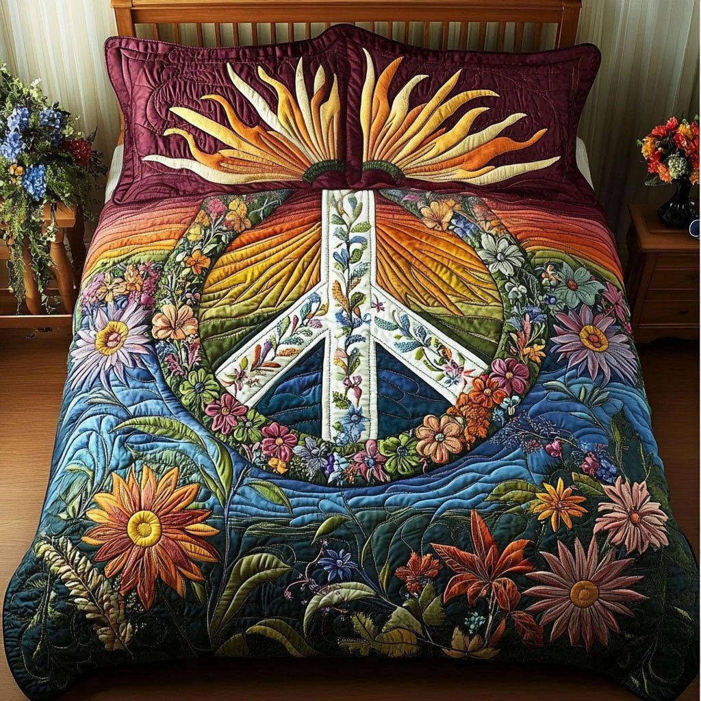 Rainbow Revolution quilted 3-piece bedding set on a made bed with two matching pillow shams