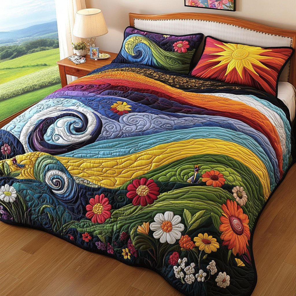 Rainbow Ripples quilted 3-piece bedding set on a made bed with two matching pillow shams