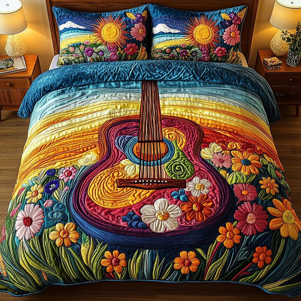 Rainbow Serenade quilted 3-piece bedding set on a made bed with two matching pillow shams