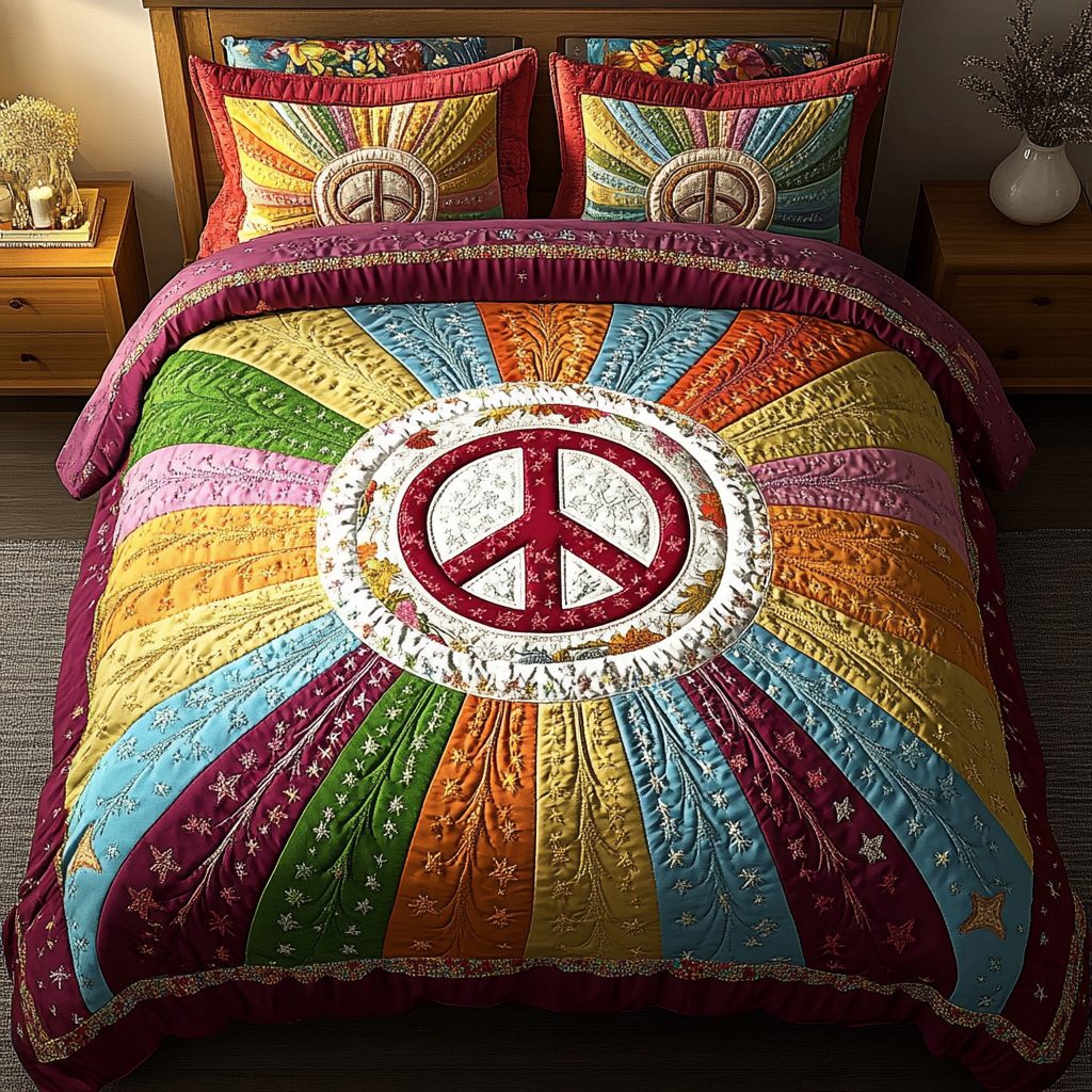 Rainbow Serenity quilted 3-piece bedding set on a made bed with two matching pillow shams