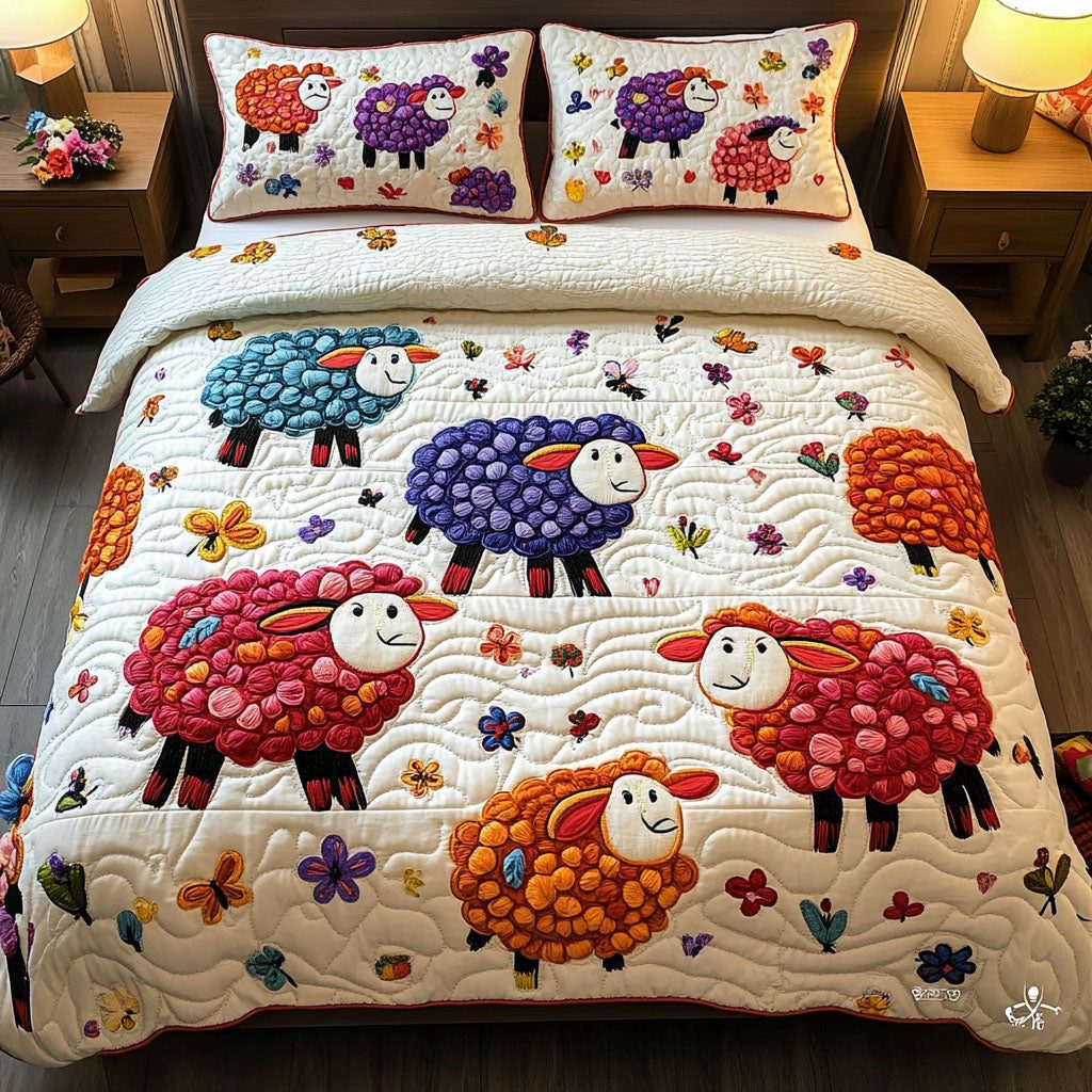 Rainbow Sheep Meadow quilted 3-piece bedding set on a made bed with two matching pillow shams