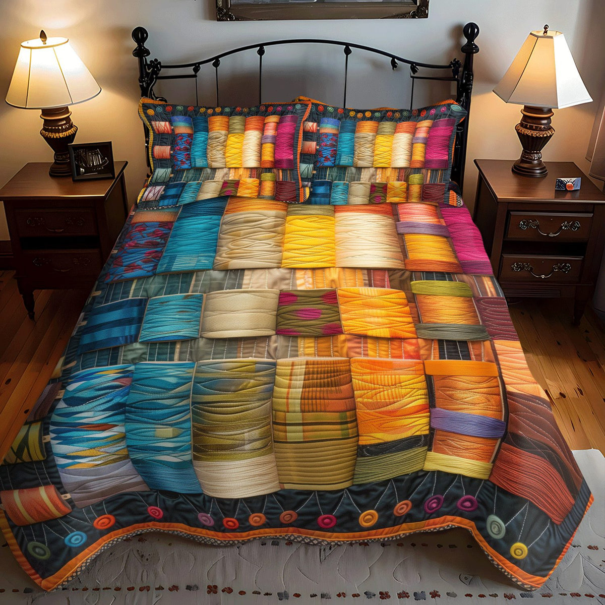 Rainbow Thread quilted 3-piece bedding set on a made bed with two matching pillow shams