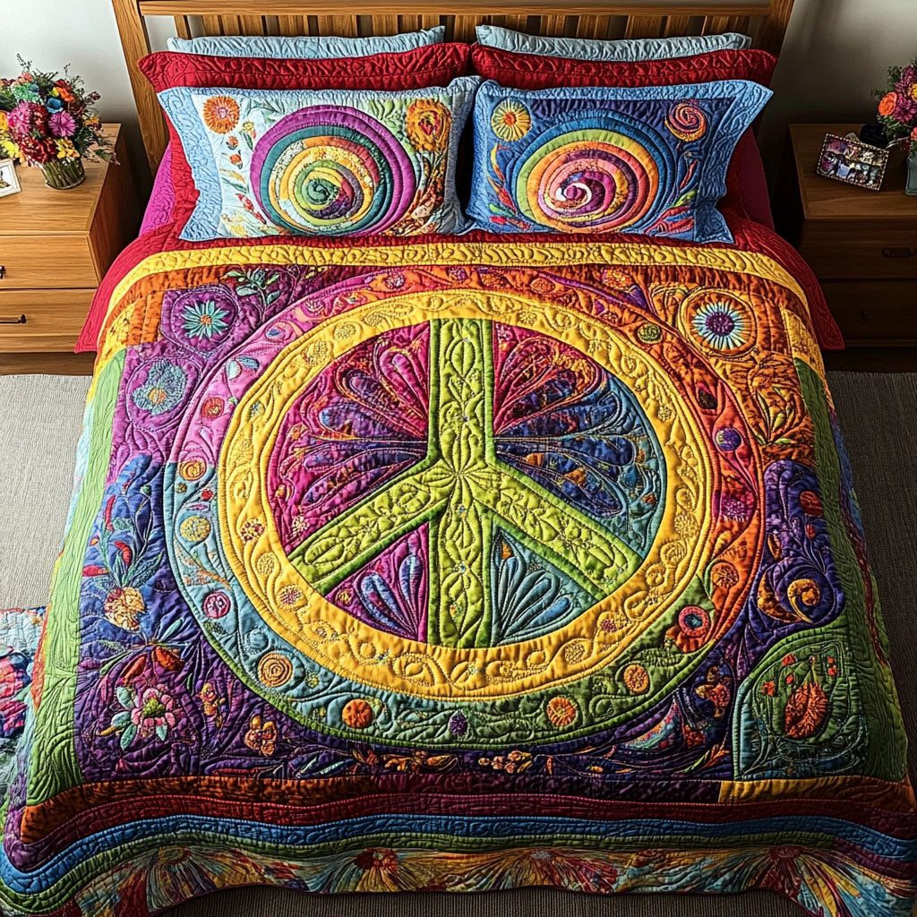 Rainbow Tranquility quilted 3-piece bedding set on a made bed with two matching pillow shams