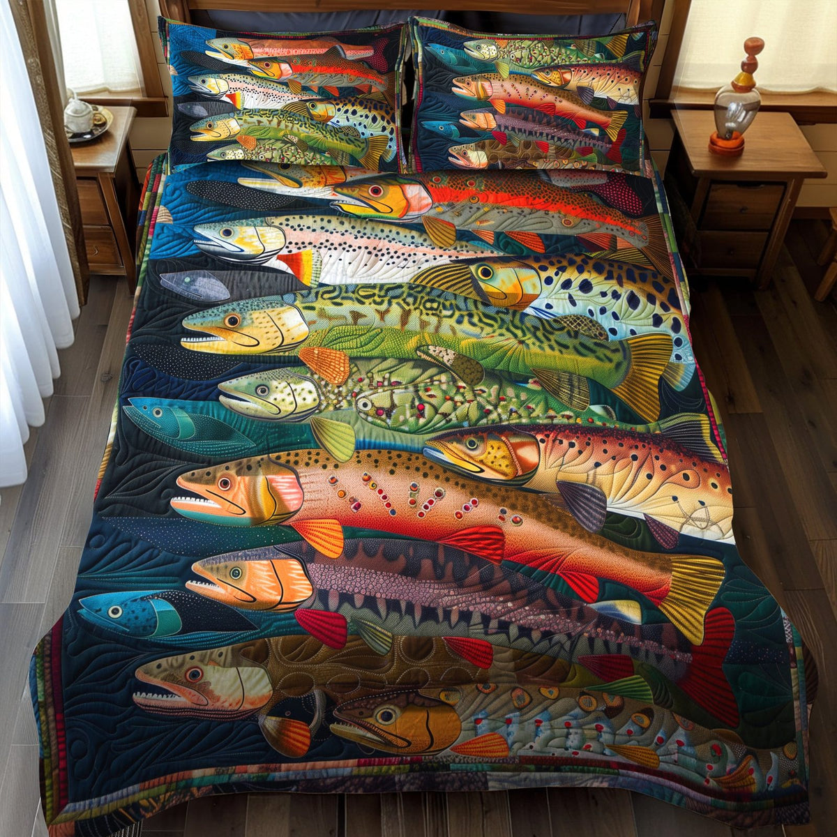 Rainbow Trout Fantasy quilted 3-piece bedding set on a made bed with two matching pillow shams