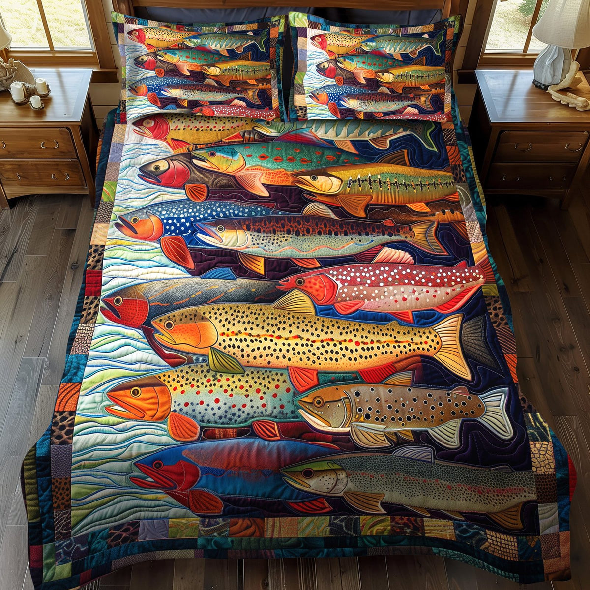 Rainbow Trout Retreat quilted 3-piece bedding set on a made bed with two matching pillow shams