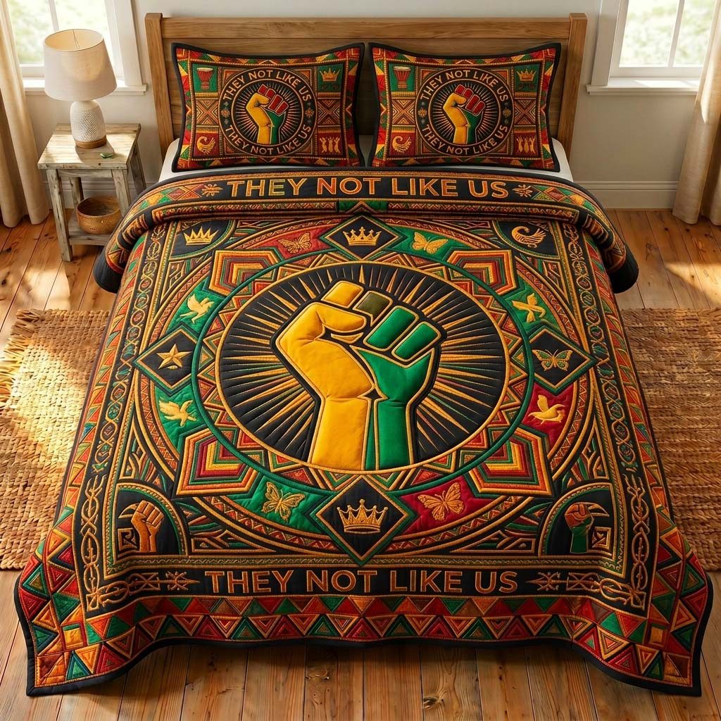 Raised Pride quilted 3-piece bedding set on a made bed with two matching pillow shams